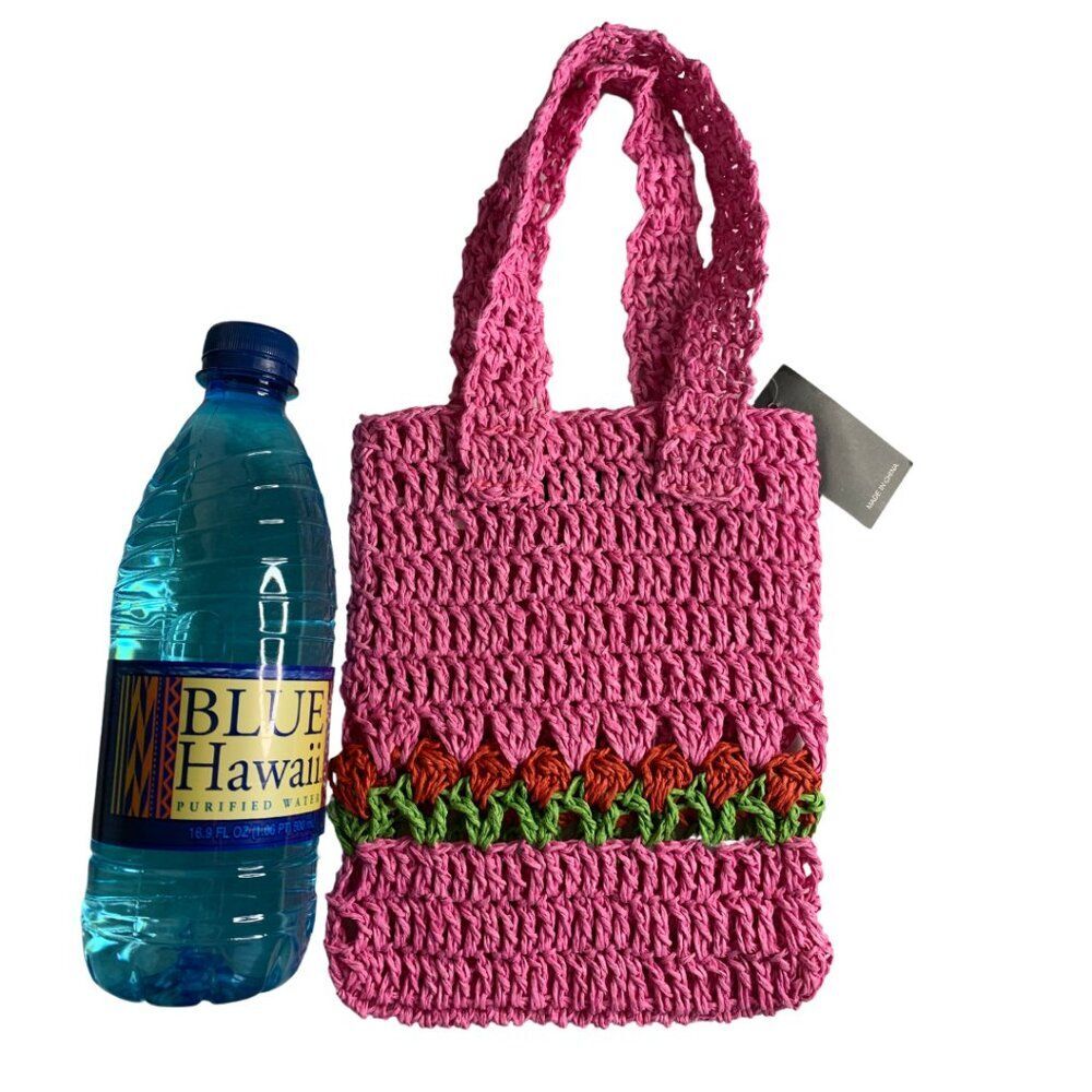 SHEIN Pink Crochet Tote Bag Handmade Look Flower Detail Knit Shopper NWT - Picture 7 of 7